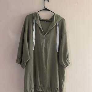 Zara Khaki Green Hooded Tunic Dress Oversized Half-Zip Drawstring Hem